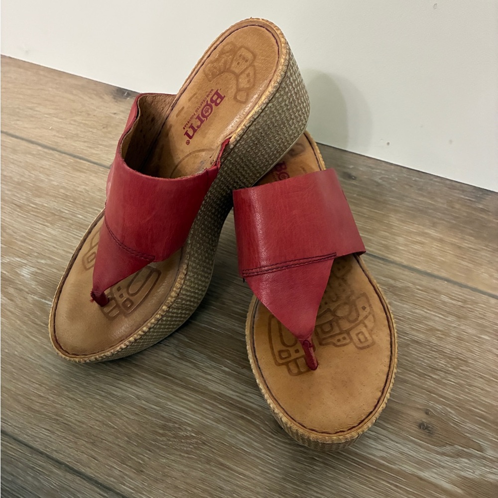 Born Red Leather Wedge Thong Mules